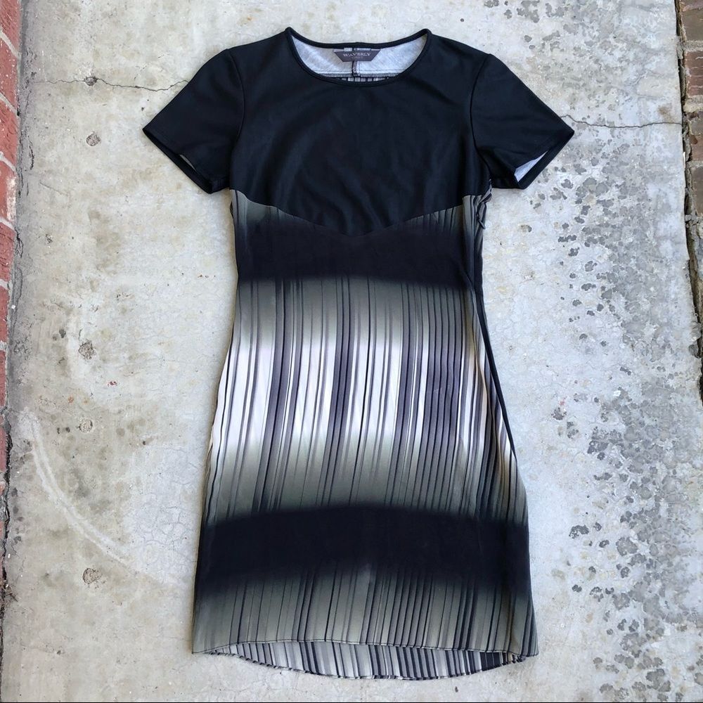 Waverly Grey silk sheath dress stripes mini cap sleeves black olive green S